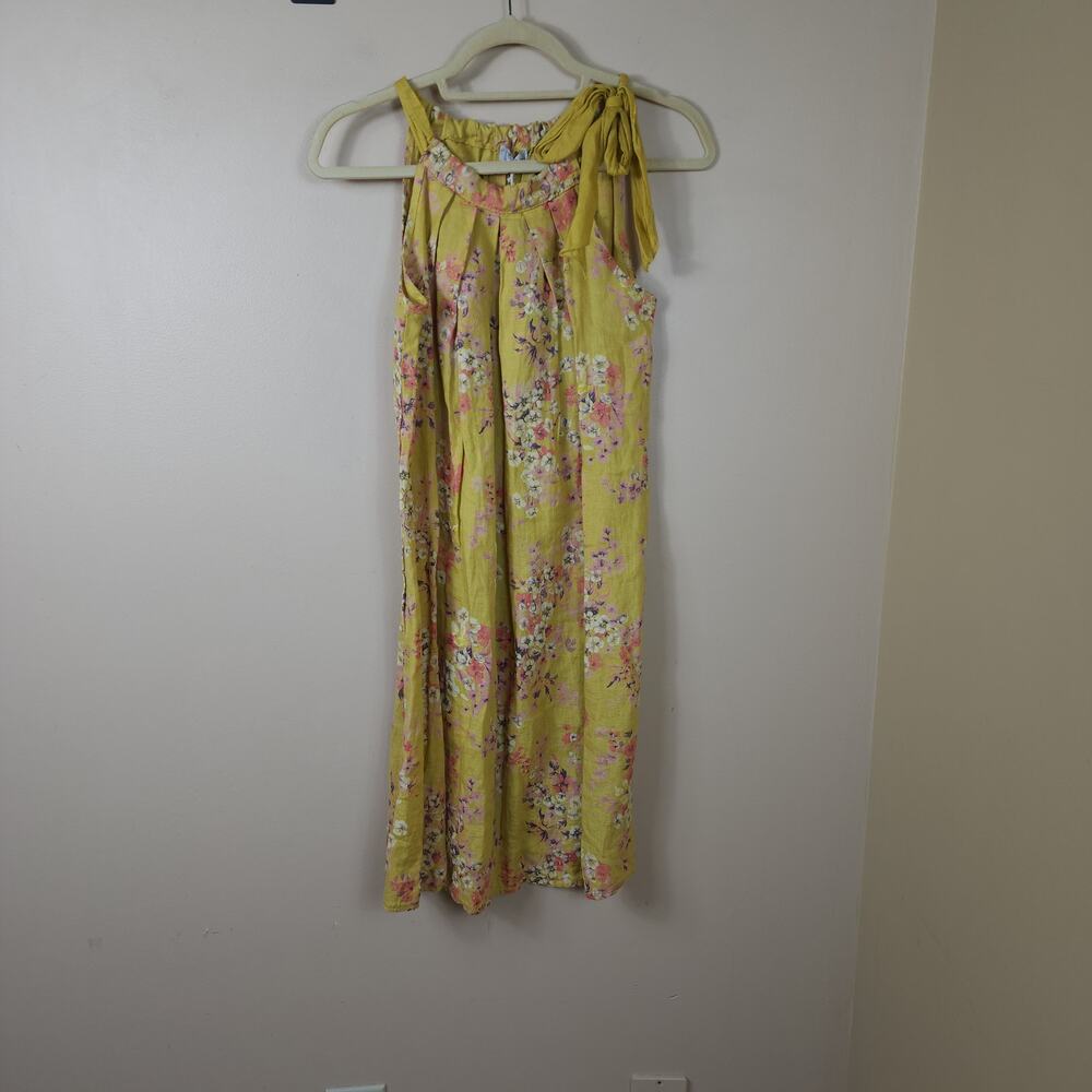 Bella Umbra 100% Linen Mustard Floral Sleeves Tie Neck Dress Size XS